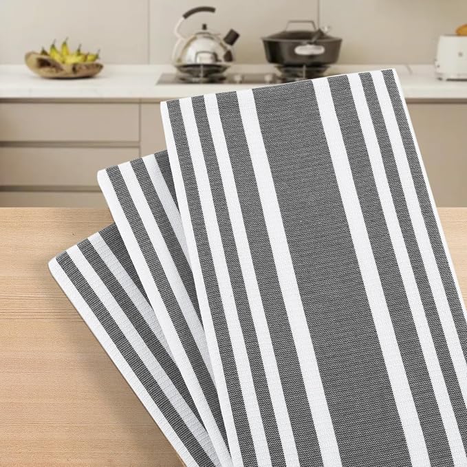 Homaxy Premium Kitchen Towels 18”x 28”, Large Cotton 380 GSM Kitchen Hand Towels, Stripe and Terry Dish Towel, Highly Absorbent Tea Towel Set with Hanging Loop, 3 Pack, Black