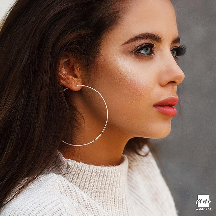 Amberta® 925 Sterling Silver Fine Circle Endless Hoops - Polished Round Sleeper Earrings Diameter Size: 20 30 40 60 75 mm