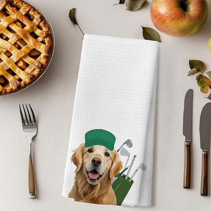 Funny Golden Retriever Golfer Kitchen Towels, Gifts for Golfers Golf Lovers Hand Towels for Bathroom Decor, Golden Retriever Lovers Gifts Dish Tea Towels for Kitchen Decor, 16x24 Inches