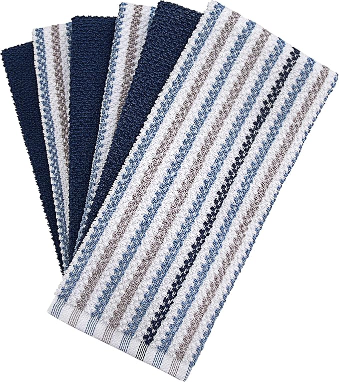 Premium Kitchen Towels (16”x 26”, 12 Pack) | Large Cotton Kitchen Hand Towels | Popcorn Striped Design | Dish Towels | 430 GSM Highly Absorbent Tea Towels Set with Hanging Loop | Blue