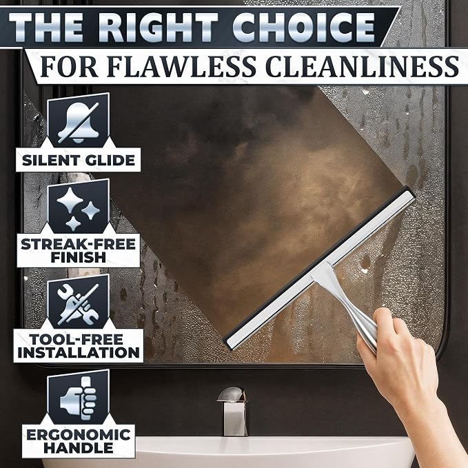 Shower Door Squeegee with Hook - 12" Silicone Blade, Stainless Steel Squeegee for Shower Glass with Adhesive Mount - All-Purpose Bathroom Tile, Mirror, & Window Wiper for Streak-Free Cleaning (Silver)