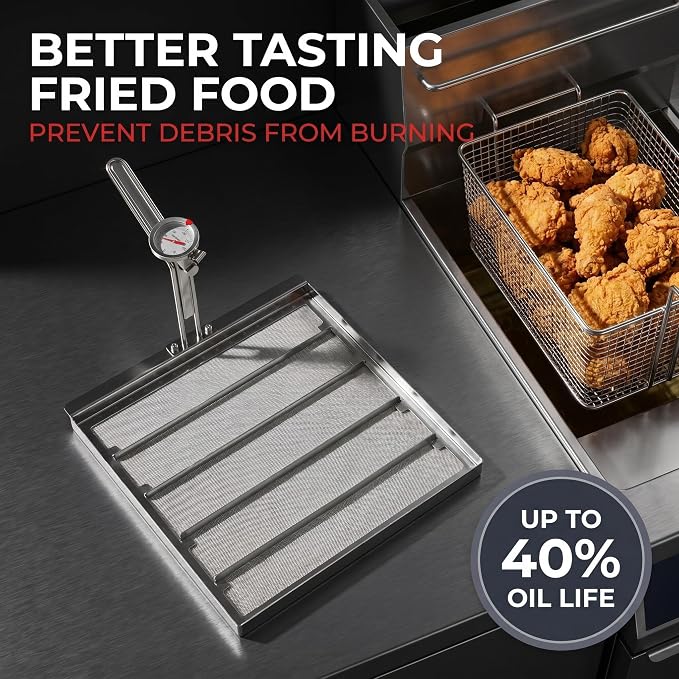 Commercial Deep Fryer Filter AF45, 13.75" x 13.75" 304 Stainless Steel with Thermometer, 550 Micron Skimmer Fryer Strainer for Kitchens & Restaurants, Extend Oil Life by 40%