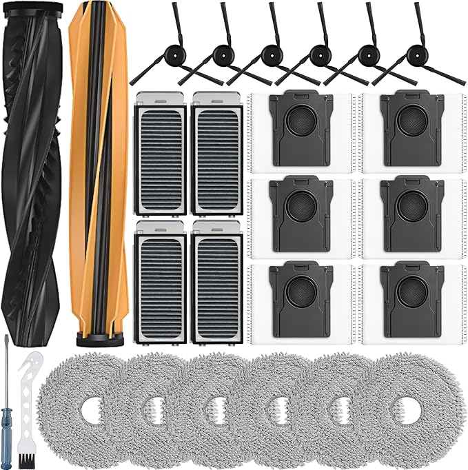 26Pcs X50 Ultra Accessories Kit fot L50 Ultra/Matrix10 ultra/L40s Pro Ultra/Mova V50 Ultra Replacement Parts,2 Main Brush 4Hepa Filters 6Side Brush 6Vacuum Bags 6Mop Pads