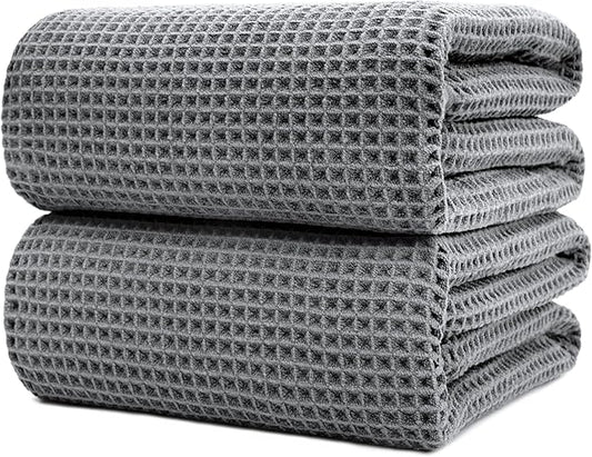 POLYTE 430 GSM Microfiber Quick Dry Lint Free Bath Sheet, 70 x 35 in, Set of 2 (Waffle Weave)