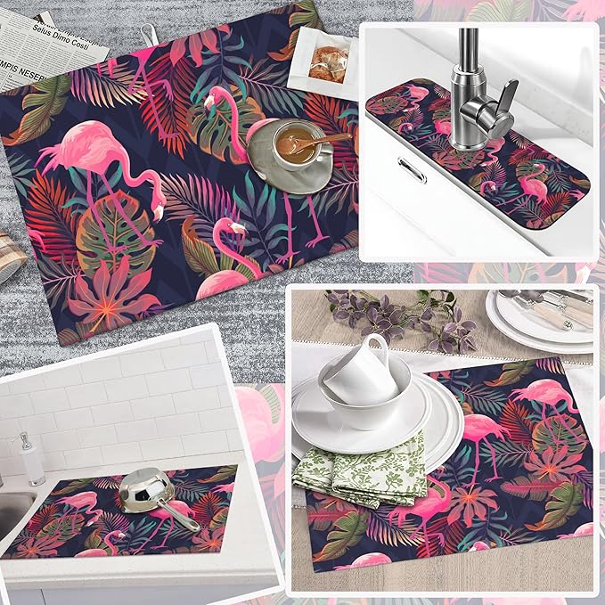 Set of 3 Flamingo and Palm Tree Dish Drying Mat & Kitchen Sink Splash Guard Faucet Mat For Kitchen Counter Absorbent Microfiber Dishes Pad Dish Drainer Rack Mats Fast Dry Kitchen Accessories