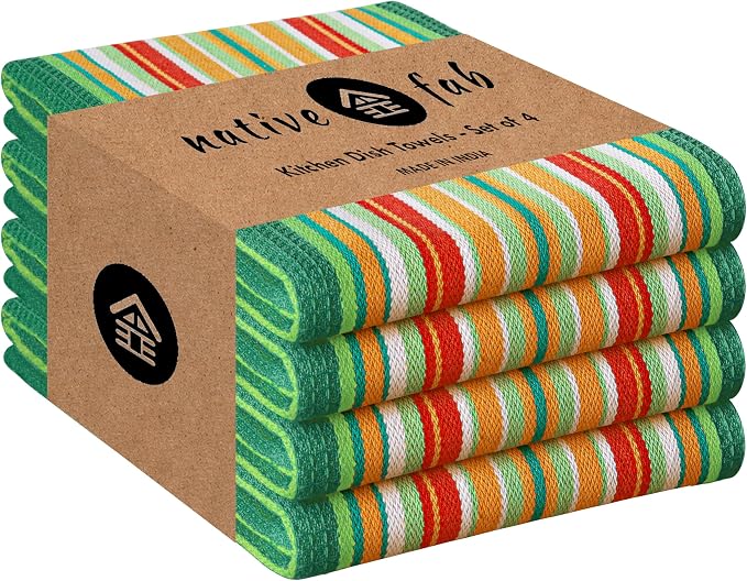 Native Fab Mexican Salsa Stripe Kitchen Towels, 4 Pack, 18x28 Inches, 100% Cotton, Soft, Super Absorbent Dish Towels for Drying Dishes, Everyday Kitchen Use, Reusable, Washable, Green
