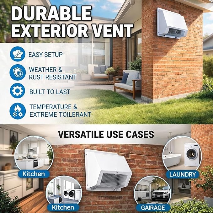6 Vent Hood Wall Exhaust with Damper 6 Inch Hooded Wall Vent Cover with Screen and Damper, Galvanized Steel Dryer Vent Cover for Range Hood Kitchen Air Ventilation