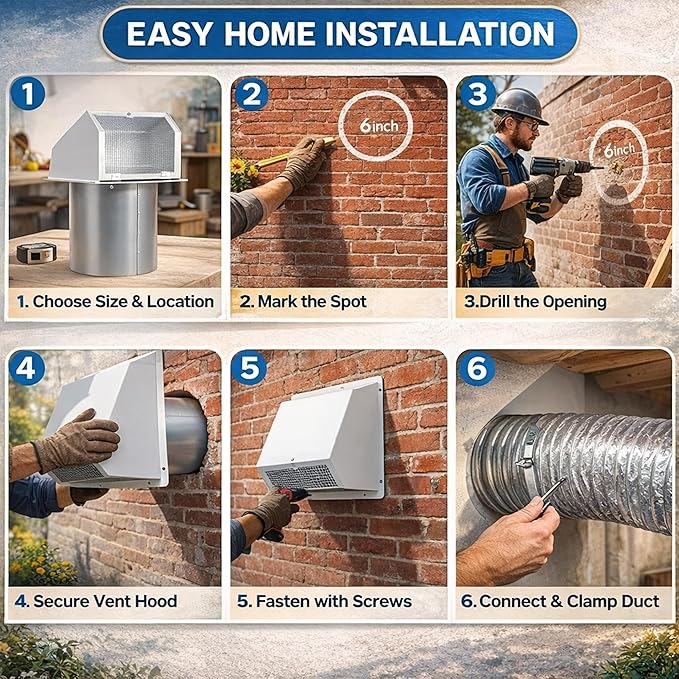6 Vent Hood Wall Exhaust with Damper 6 Inch Hooded Wall Vent Cover with Screen and Damper, Galvanized Steel Dryer Vent Cover for Range Hood Kitchen Air Ventilation