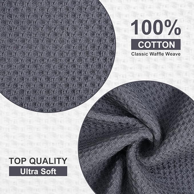 Kitinjoy 100% Cotton Kitchen Dish Cloths (12 X 12 Inches, Dark Grey), 8 Pack Waffle Weave Ultra Soft Absorbent Dish Towels for Drying Dishes Quick Drying Kitchen Towels Dish Rags