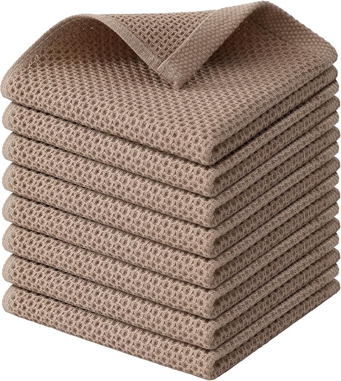 Kitinjoy 100% Cotton Kitchen Dish Cloths (12 X 12 Inches, Tan), 8 Pack Waffle Weave Ultra Soft Absorbent Dish Towels for Drying Dishes Quick Drying Kitchen Towels Dish Rags