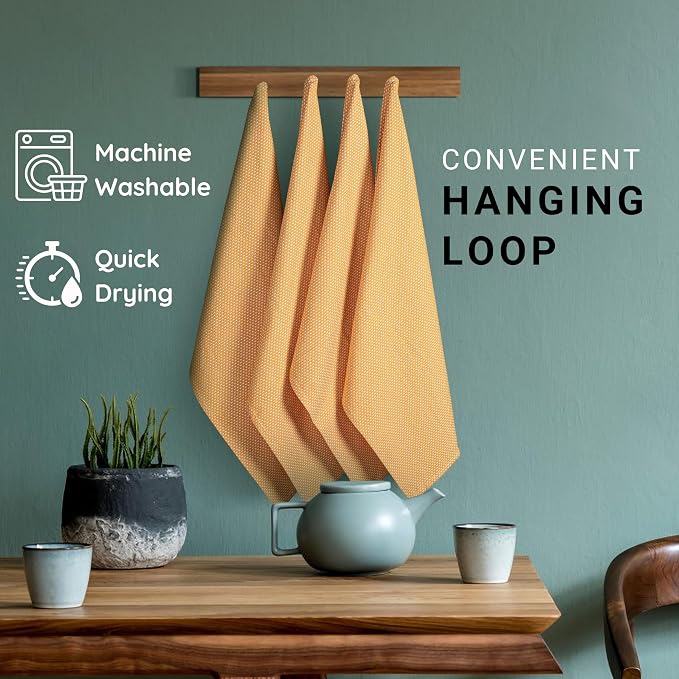 TWINY threads 6-Pack Kitchen Towels, 100% Cotton Dotted Weave, 18x28 Inch, Soft & Absorbent Wash Cloths Set with Hanging Loop, Washable and Reusable Dishcloths for Cooking, Cleaning - Mustard Yellow