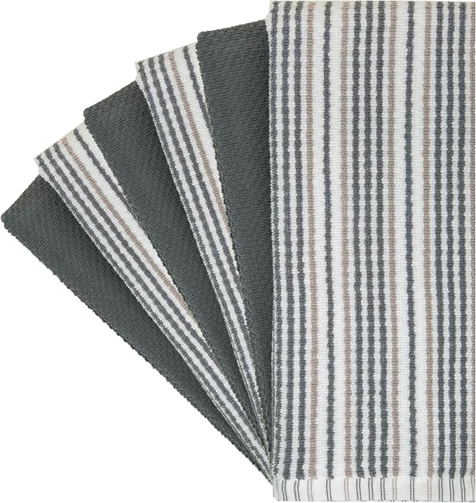 Kitchen Towels 16”x 26” - 6 Pack | Large Cotton Dish Towels | Popcorn Stripe Design | 430 GSM Highly Absorbent with Hanging Loop | Gray