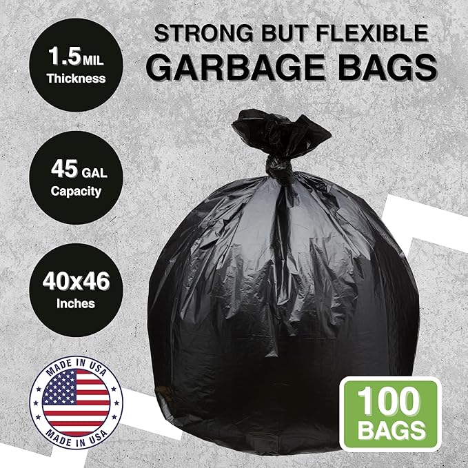 Top Knot Bags 45 Gallon Garbage Trash Bag 40X46" 1.5 Mil Black 100 Count Can Liner Bulk 40 Gallon 41 Gallon 42 Gallon 43 Gallon 44 Gallon Made in USA