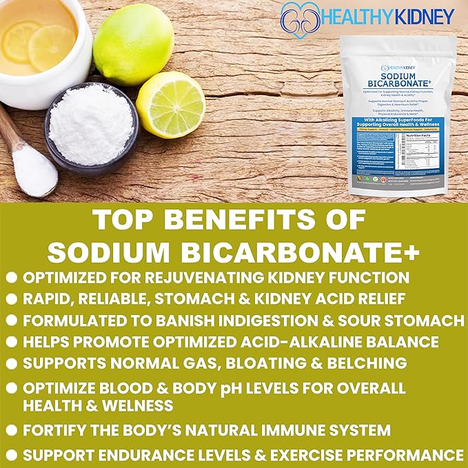 Organic Use Sodium Bicarbonate Alkaline Supplement for Alkalinity. Support Kidney & Stomach Acid Neutralizer w/Alkaline Superfoods. Sodium Bicarbonate Powder Kidney Immune Support Antacid Sport 1.5LB
