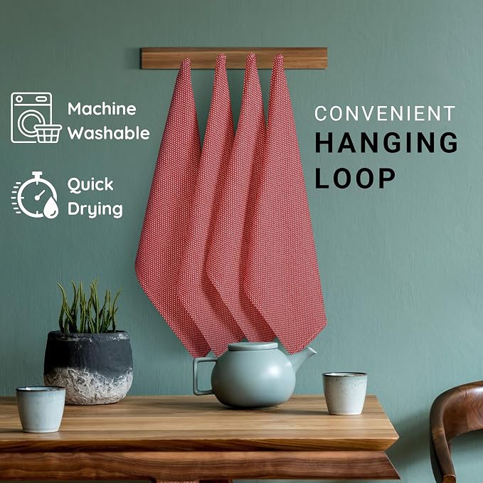 TWINY threads 4-Pack Cotton Kitchen Towels, 18x28 Inches, Soft & Absorbent Dish Cloths Set with Hanging Loop, Quick-Dry, Reusable and Washable Washcloths for Cooking, Baking & Cleaning Tasks, Red