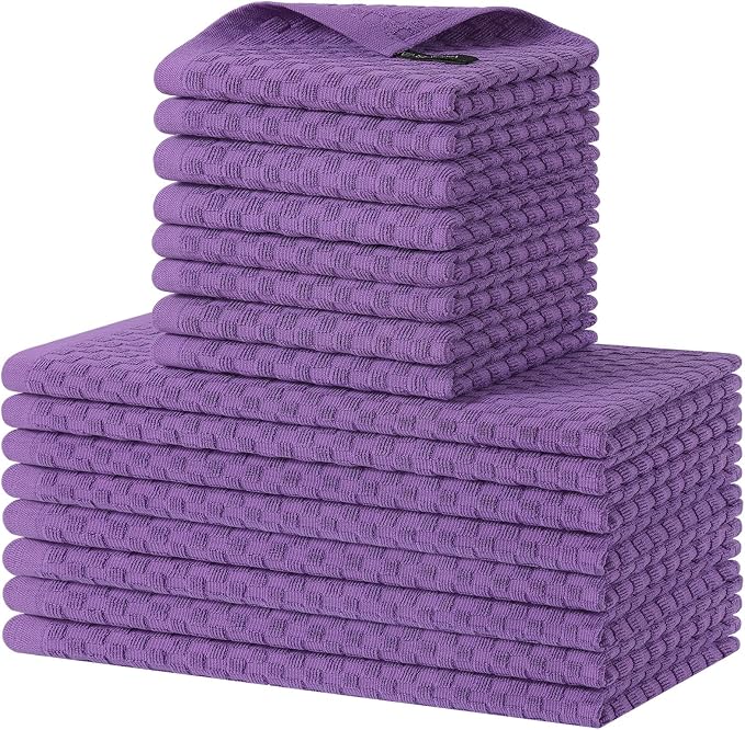 Homaxy 100% Cotton Kitchen Towels and Dishcloths Set, 12 x 12 & 15 x 25 Inches, Set of 16 Bulk Terry Cloth Dish Towels, Super Soft and Absorbent Hand Towel with Hanging Loop, Purple