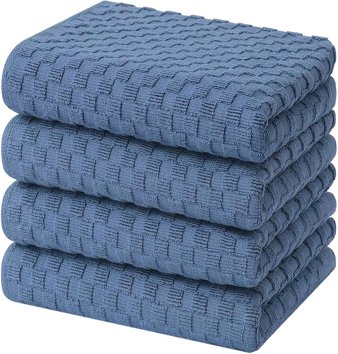 Homaxy 100% Cotton Terry Kitchen Towels(15" x 25", 4 Pack), Soft and Super Absorbent Dish Towels, 380 GSM Reusable Tea Towel with Hanging Loop, Pineapple Grid Designed, Navy Blue