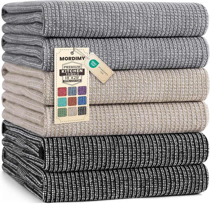 Mordimy Premium Kitchen Towels 6 Pack (18 x 28 Inches, Grey/Khaki/Black), Large Cotton Flat & Terry Kitchen Hand Towel, Super Absorbent Tea Dishtowels Set with Hanging Loop