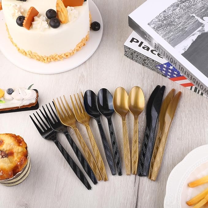 Kochorie 360 Pieces Graduation Party Plastic Cutlery Set Black and Gold Disposable Plastic Utensils Heavy Duty Flatware Set Include 120 Knives 120 Forks 120 Spoons for Graduation Wedding Birthday