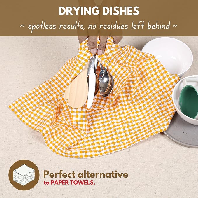 Native Fab 12 Pack Mini Check Yellow Kitchen Towels 16"x26" - Gingham Plaid Cotton Dish Towels - Absorbent Dishcloth Set, Soft Reusable Towel with Hanging Loop - Yellow White