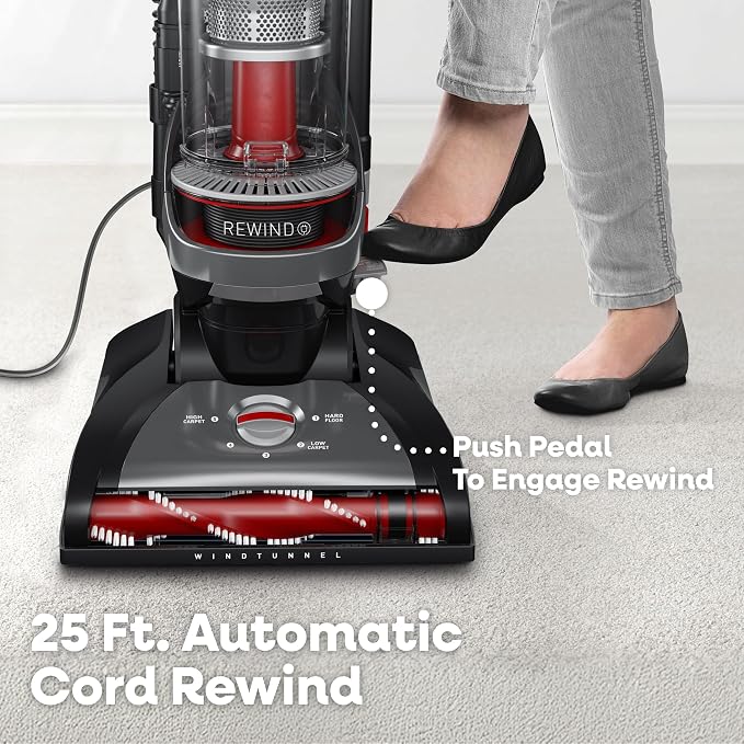 Hoover WindTunnel Cord Rewind Pro Bagless Vacuum Cleaner, Corded Upright Vacuum Cleaner for Carpet and Hard Floor, Multi-Cyclonic Filtration, 25ft Auto-Rewind Cord, 5-Height Adjustment