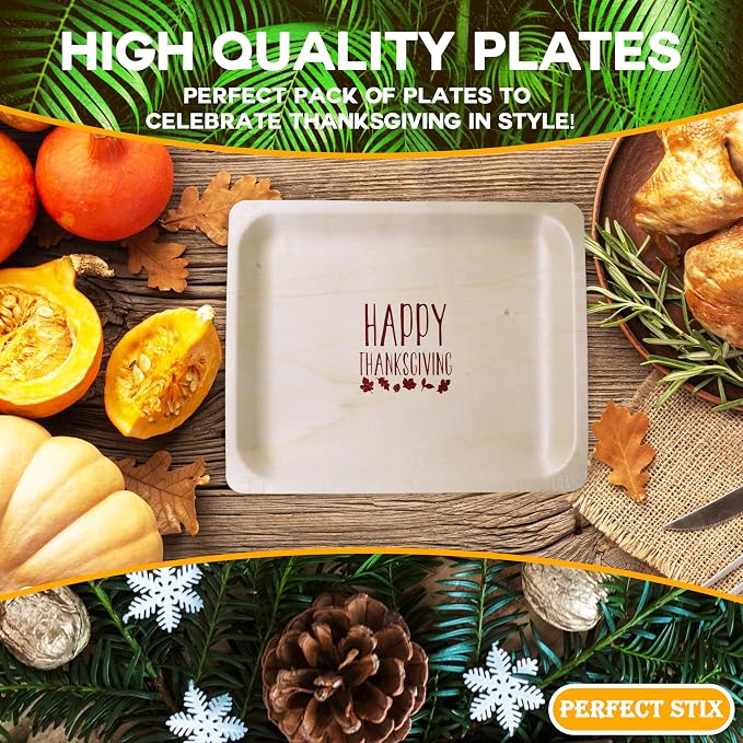 Perfect Stix 10" Disposable Wooden Plate with Happy Thanksgiving Print - Pack of 25ct
