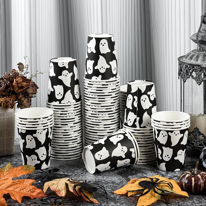 AimFun 100Pcs Halloween Ghost Paper Cups Ghost Spooky Party Cups Black White Boo 9oz Disposable Cold Hot Coffee Drinking Cups for Halloween Party Supplies Table Decor