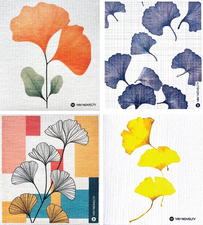 Swedish Dishcloths - 12 Pack | Made in Germany | Ultra-Absorbent, Reusable Cellulose Sponge Cloths for Kitchen | No-Odor, Eco-Friendly Cleaning Wipes | Water-Based Ink | Gingko Leaves
