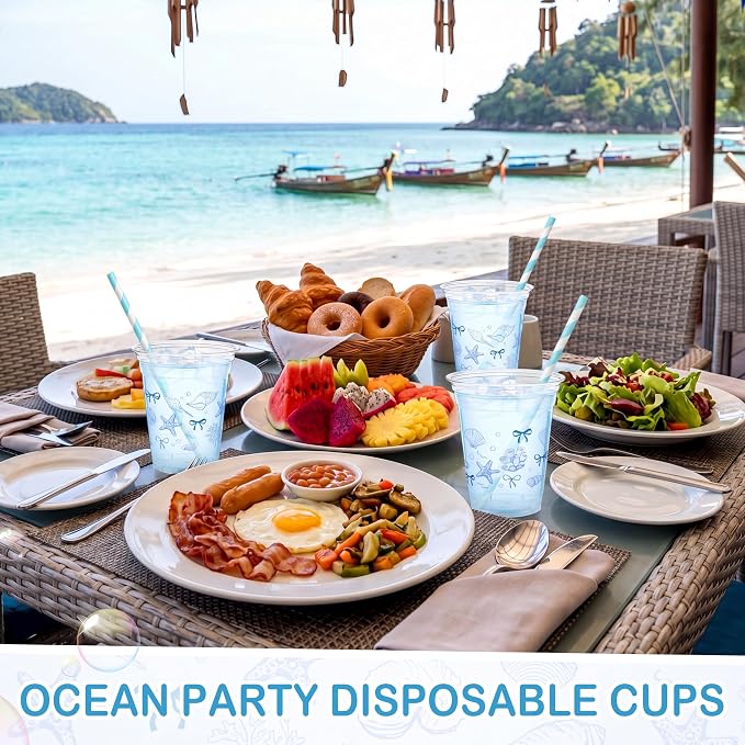 Tanlade 60 Pcs Ocean Party Plastic Cups 12 oz Blue Bow Seashell Starfish Seashell Coastal Nautical Sea Theme Disposable Cups for Baby Shower Summer Theme Birthday Wedding Party Supplies Decorations