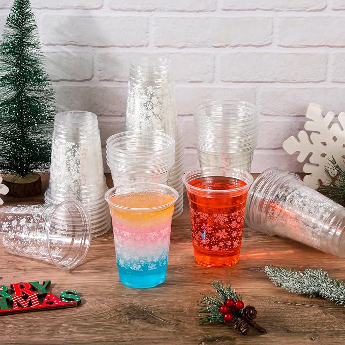 AimFun Snowflakes Plastic Cups Christmas Snowflake Disposable Party Cup Winter Holiday 12oz Clear Cups for Candy Beverage Snacks Birthday Baby Shower Party Supplies (50, Snowflakes)