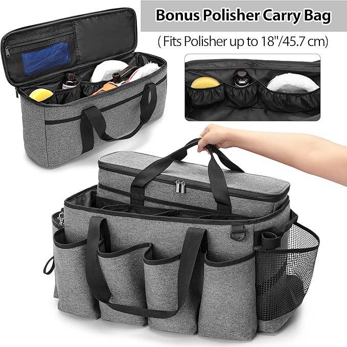 HODRANT Detailing Bag with Polisher Carry Bag, Large Detail Car Care Box for Auto Detailing Supplies, Car Wash Caddy & Trunk Organizer for Buffer Bottle Towel & Cleaning Kit, Gray, Patent Design