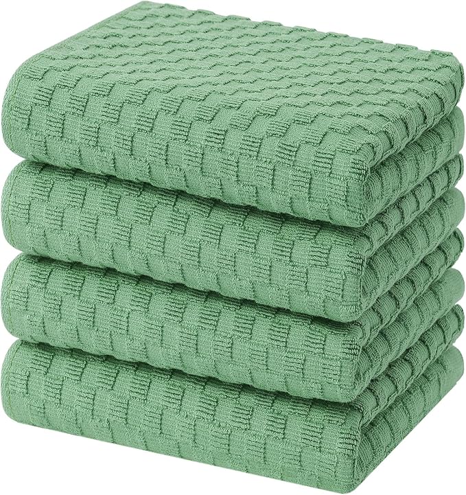 Homaxy 100% Cotton Terry Kitchen Towels(15" x 25", 4 Pack), Soft and Super Absorbent Dish Towels, 380 GSM Reusable Tea Towel with Hanging Loop, Pineapple Grid Designed, Grass Green