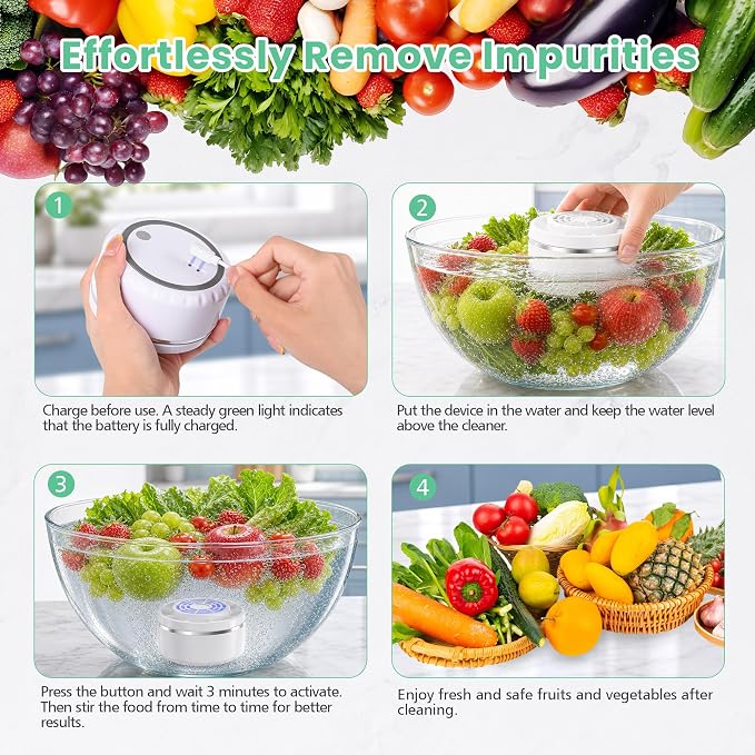 Fruit and Vegetable Washing Machine, Portable Cleaner Device with Advanced Purification Tech for Deep Cleaning Fruits, Vegetables & Seafood - IPX7 Waterproof, USB Rechargeable, Camping & Kitchen