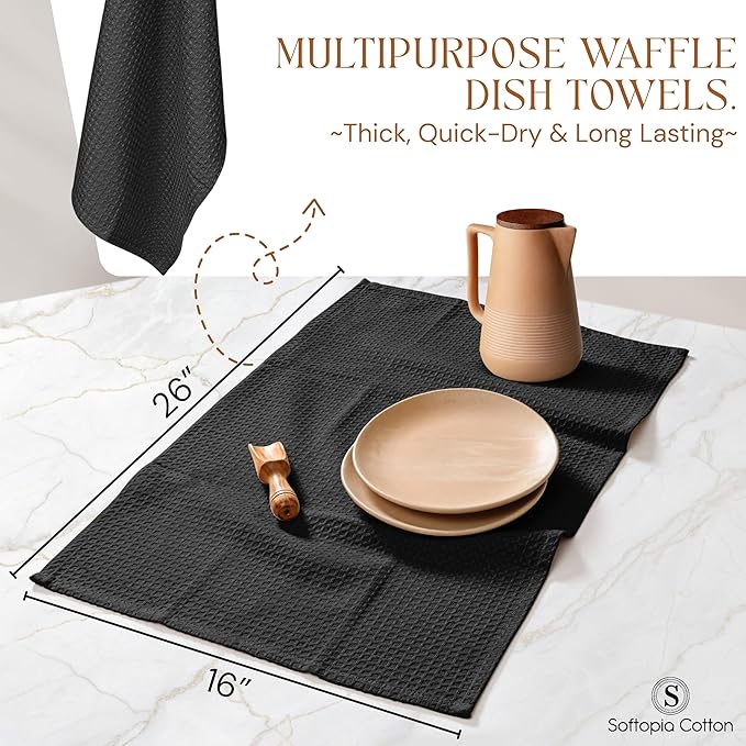 Black Waffle Kitchen Dish Towels, 100% Cotton, Quick Dry, Super Absorbent, Soft, 16x26 Inches - Ideal for Dish Drying, Bar, Hand Wipe, Cleaning, and Everyday Use, 4 Pack