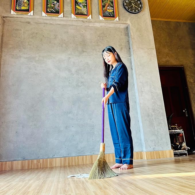 Vietnamese Straw Soft Broom - Sweeping Broom with Purple Wooden Handle for Cleaning, Decoration, Wedding with 45.28inch Length