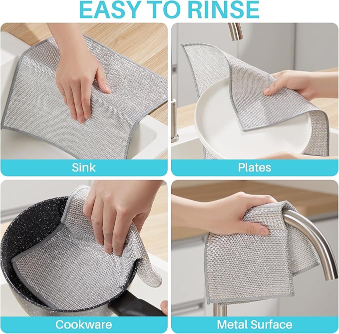 JOYMOOP 20 PCS Non Scratch Wire Dishcloth-11.8” x 11.8”, Double Layers Multipurpose Wire Dishwashing Rags, Wet & Dry Cleaning Rags for Dishes, Cookware, Sinks, Stoves & Fireplaces