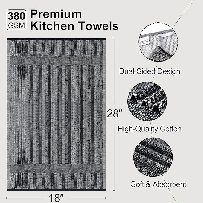 Mordimy Premium Kitchen Towels 12 Pack (18 x 28 Inches, Black), Large Cotton Kitchen Hand Towel, Flat & Terry Dish Towels for Drying Dishes, Super Absorbent Tea Dishtowels Set with Hanging Loop