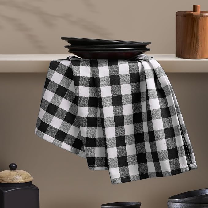 4 Pack Gingham Buffalo Check Kitchen Dish Towels 100% Cotton 16x26 Inches - Super Absorbent Quick Drying Hand Tea Towels, Restaurant Cleaning Towels with Hanging Loop, Black White