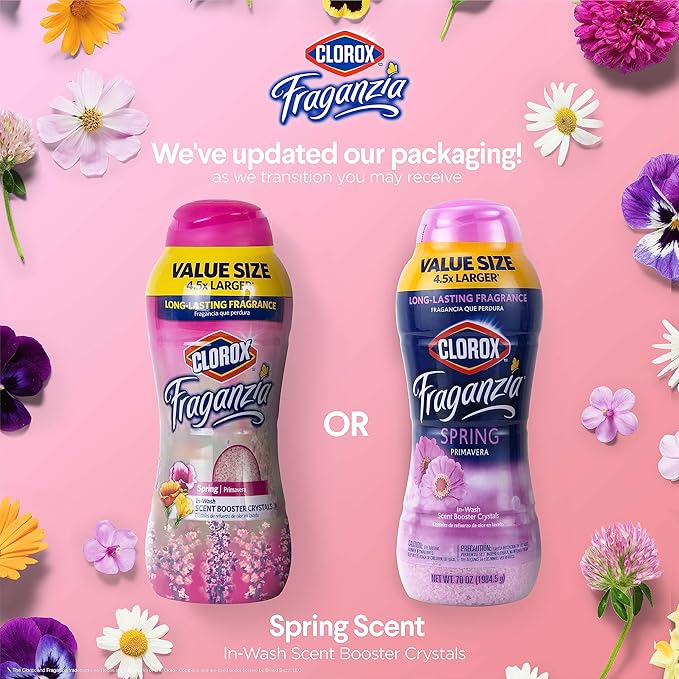 Clorox Fraganzia Laundry Scent Booster Crystals, In-Wash Fragrance Beads for Fresh-Smelling Clothes & Linens, Safe for All Fabrics & Colors, Easy-Pour Bottle, Spring Scent, 70 Oz - 6 Pack