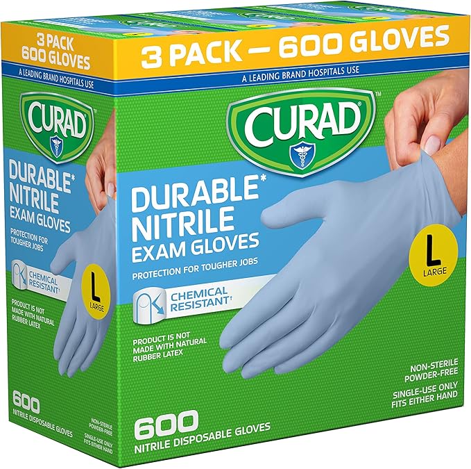 Curad Nitrile Exam Gloves, Durable, Powder Free, Chemical Resistant, Large, 600 Count, Color May Vary