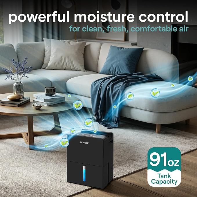 SereneLife 91 OZ Dehumidifier For Home | Covers 1200 SQ FT For Basements, Bedrooms, Bathrooms & Offices | Includes Removable Natural Dehumidifier For Closet | Set Timer, Sleep Mode & Humidity | Black