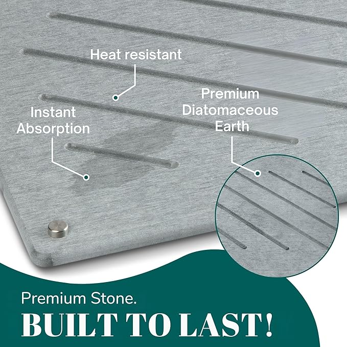 Stone Dish Drying Mat – Quick Dry Kitchen Counter Mat, 3-Piece Set, Diatomaceous Earth Water Absorbing Mats with Non-Slip Backing & Airflow Legs