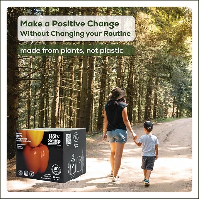 100% Compostable Trash Bags 3.2 Gallon - 60 Pack - Small Drawstring Compost Bags, Eco Friendly Food Scraps Recycling Bag for Kitchen Waste Bin - BPI Certified, OK Compost Home