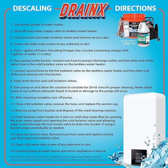 DrainX Tankless Water Heater Flushing Kit with Gallon Concentrated Vinegar, Dilutes to 4 Gallons, Heavy Duty 1/6HP Extra Strength Pump and Hoses.