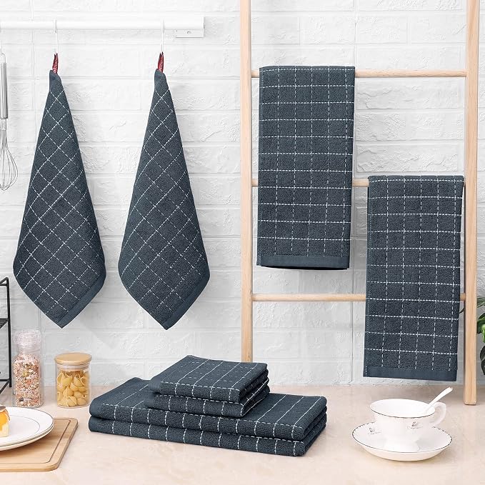 Homaxy Kitchen Towels and Dishcloths Set, 12 x 12 and 13 x 28 Inches, Set of 8 Bulk Cotton Terry Kitchen Towels Set, Checkered Designed, Soft and Super Absorbent Dish Towels, Dark Grey