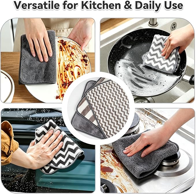 Microfiber Cleaning Cloth 6 Pack, Ultra Soft Absorbent Lint Free Reusable Kitchen Towels with Hanging Loop, 12x12 Inch Gray Dish Towels for Kitchen, Car & Household