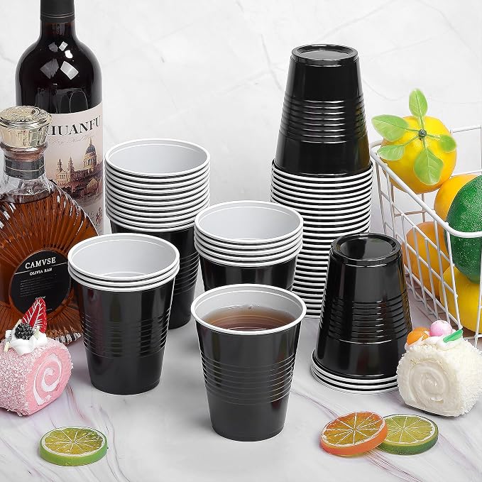 Kochorie 200 Pack Black Disposable Plastic Cups 12 Ounce Drinking Party Cups Bulk Party Cups for Wedding Birthday Graduation Christmas Parties, Picnics Events