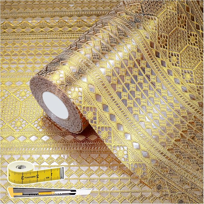 Drawer and Shelf Liner - Gold Geometric Lace Pattern,Non Adhesive Non Slip Waterproof Easy-Clean Shelf Liner for Kitchen Cabinet, Refrigerator, Bathroom, Pantry Storage Drawers, 17 in x 30 Ft