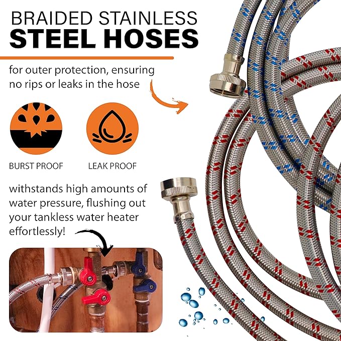 DrainX Tankless Water Heater Descaling Flush Kit - 3.5 Gallon Bucket, Heavy Duty 1/6 HP Pump, Steel Hoses, Maintenance Card, Instructions - Just add Vinegar or Descaler!