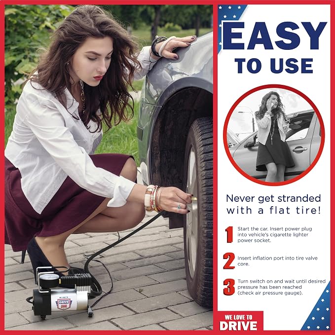 Tire Inflator Portable Air Compressor – 12V DC Air Pump for Car Tires, 150 PSI Electric Air Pump with Tyre Pressure Gauge – Corded Silver by WE LOVE TO DRIVE